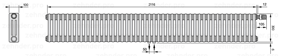 Схема (чертеж) Радиатор Zehnder Charleston 3030/46 №V008 Белый глянцевый RAL 9016